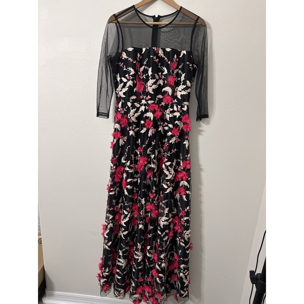 Alex Marie Size 10 Black Floral Applique‎ Mesh Illusion Maxi Dress Formal